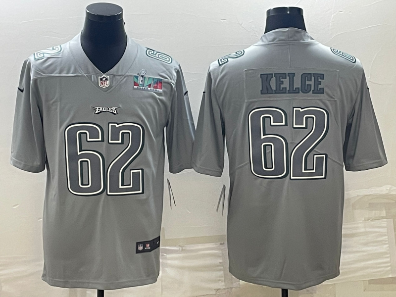 Men's Philadelphia Eagles #62 Jason Kelce Gray Super Bowl LVII Patch Atmosphere Fashion Stitched Jersey Men's Philadelphia Eagles #62 Jason Kelce Gray Super Bowl LVII Patch Atmosphere Fashion Stitched Jersey